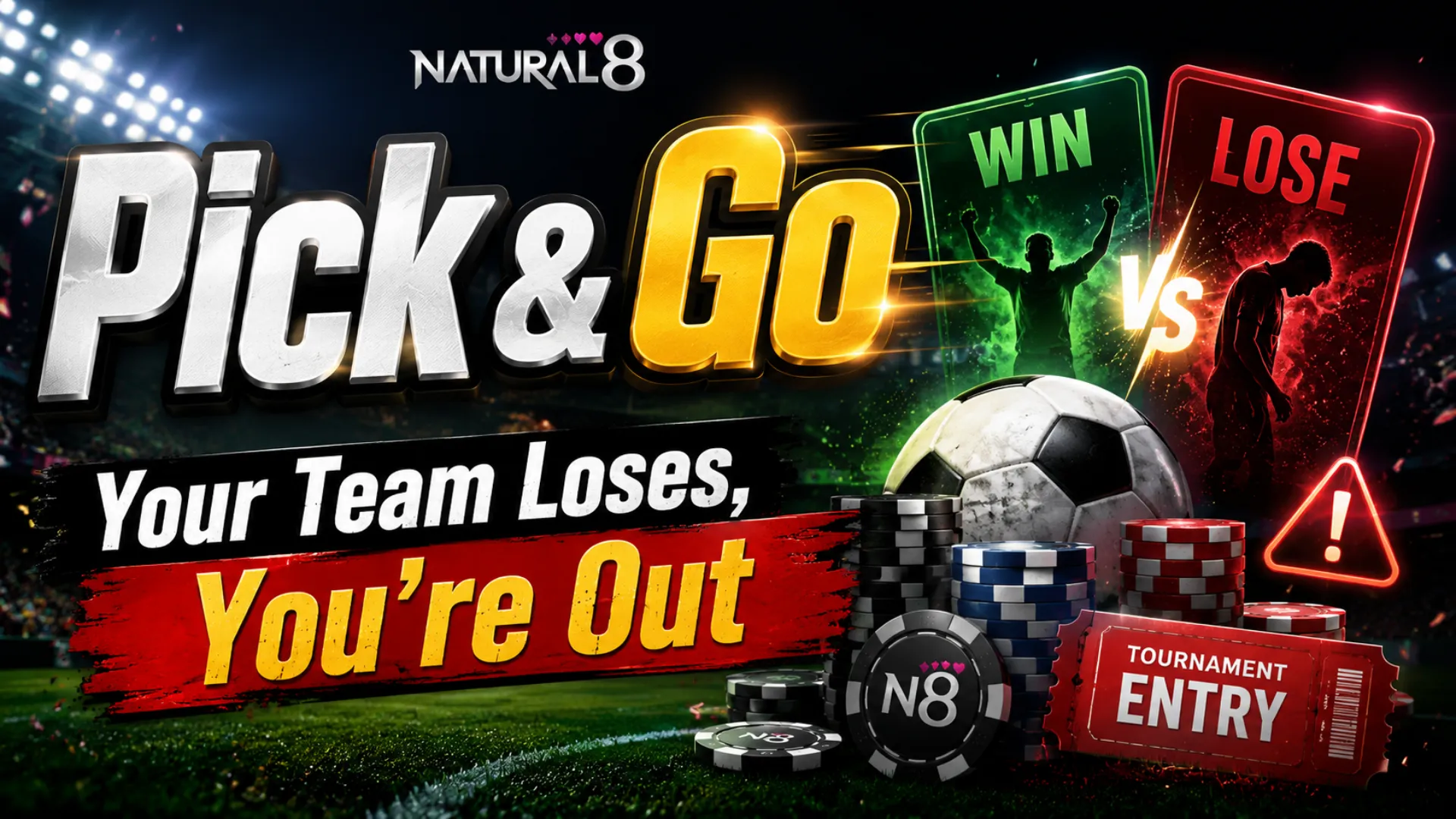 Natural8 Pick & Go football poker cover with win and lose panels, poker chips, and tournament entry visuals showing instant elimination if the picked team loses