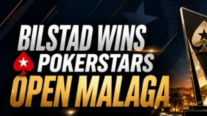 Premium poker cover image showing Oskar Bilstad’s PokerStars Open Malaga win with a trophy, chips, and €178,840 payout text