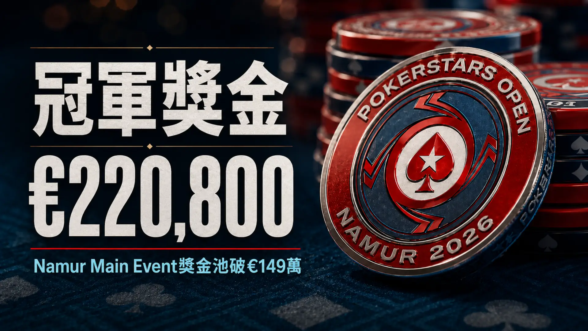 咖色與銅色系撲克封面圖，畫面呈現PokerStars Open Namur籌碼與Martin Tsvetanov拿下Namur Super High Roller、Kalidou Sow決賽桌6次淘汰的報導標題