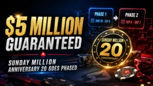Dark poker cover image for PokerStars Sunday Million Anniversary 20 showing $5 Million Guaranteed text, Phase 1 to Phase 2 panels, poker chips, and an Anniversary 20 badge.
