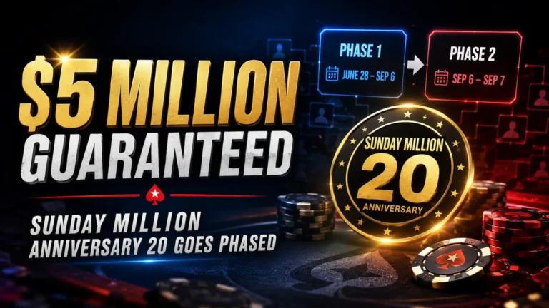 Dark poker cover image for PokerStars Sunday Million Anniversary 20 showing $5 Million Guaranteed text, Phase 1 to Phase 2 panels, poker chips, and an Anniversary 20 badge.