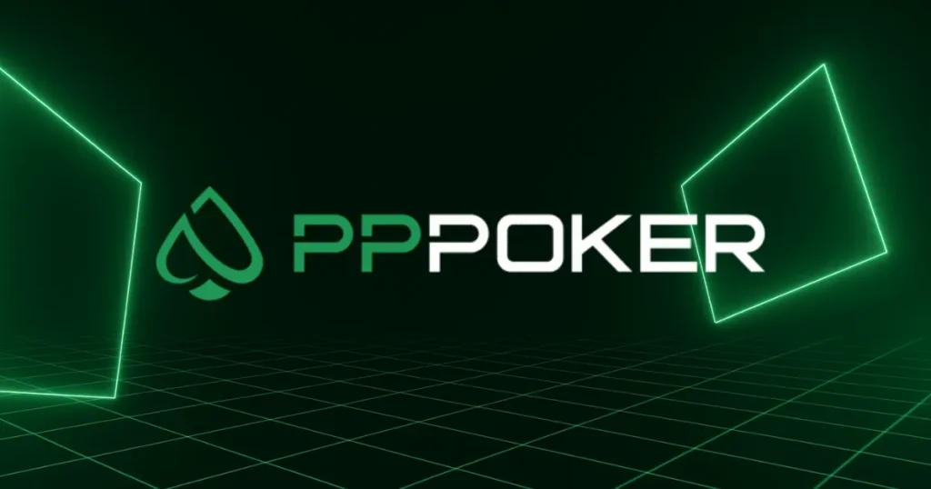 PPPokerレビュー2026のカバー画像、緑のネオンPPPokerロゴとクラブ制ポーカーアプリを象徴するデジタルポーカーグリッド