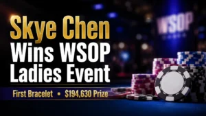 16:9 poker-themed cover image for Skye Chen winning the WSOP Ladies Event, featuring poker chips, a blurred tournament-style background, and the headline with the $194,630 prize.