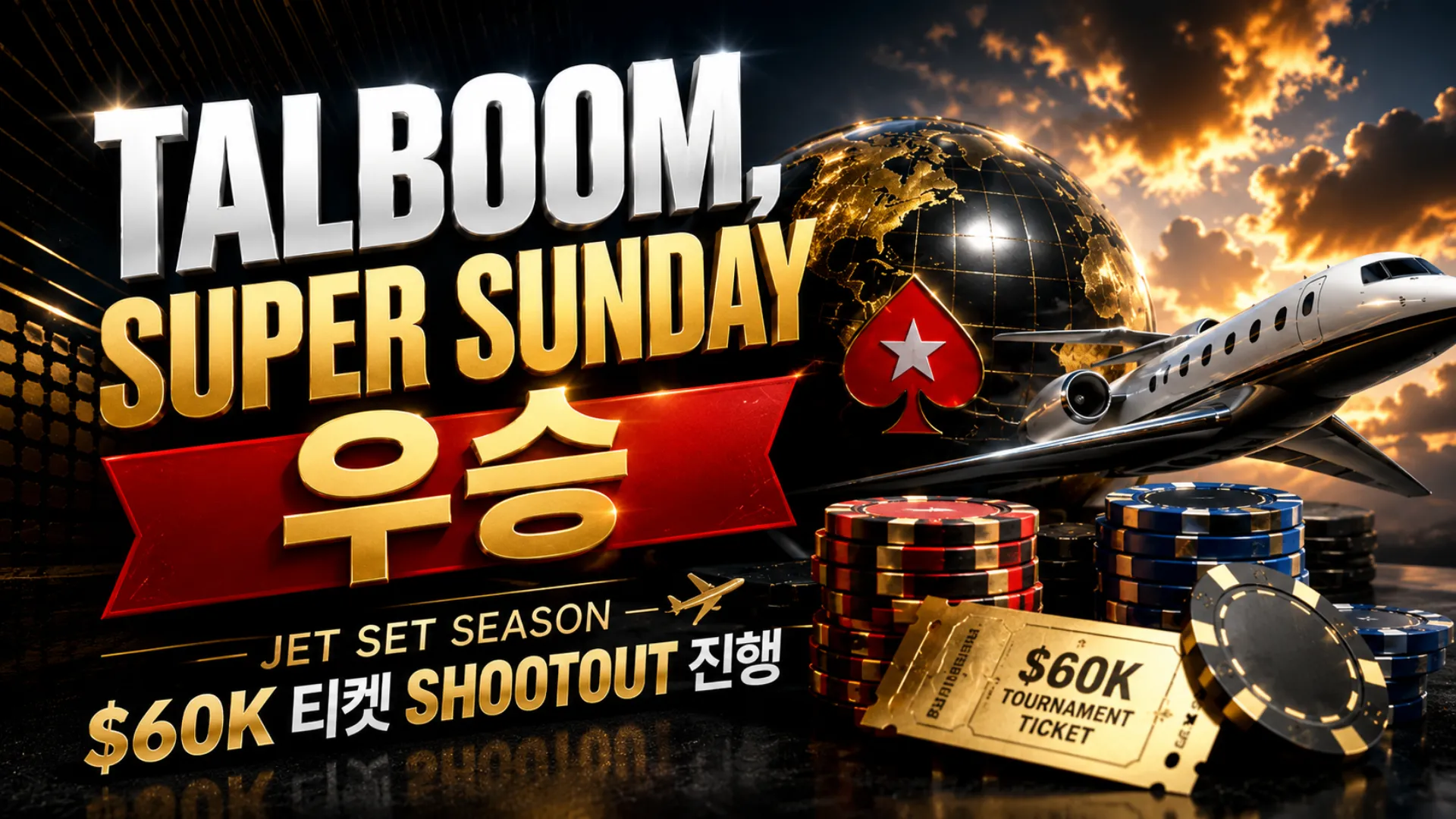 PokerStars Jet Set Season 커버 이미지로 Talboom의 Super Sunday 우승, $60K 티켓 Shootout, 포커칩, 제트기, 지구본, 토너먼트 티켓을 표현