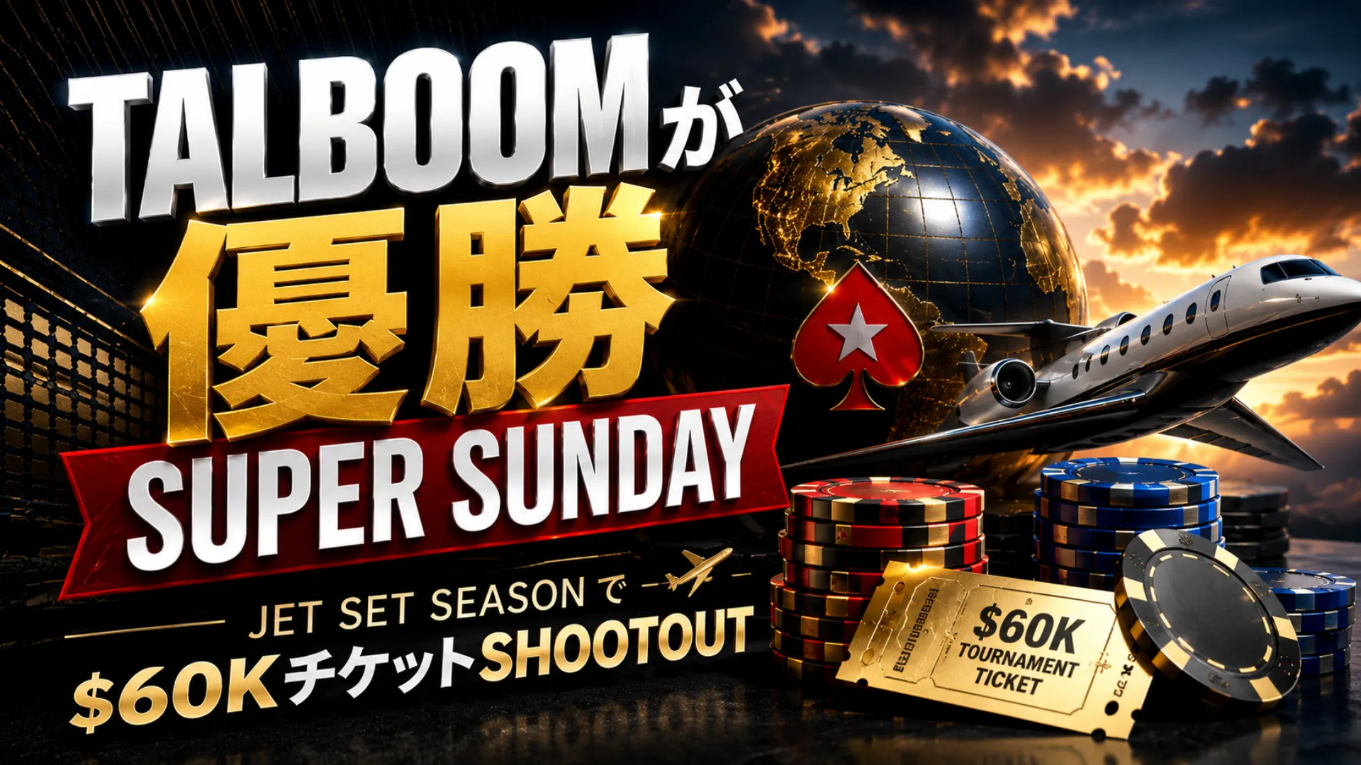 PokerStars Jet Set Season封面圖，呈現Talboom拿下Super Sunday、$60K門票Shootout、撲克籌碼、噴射機、地球與錦標賽門票