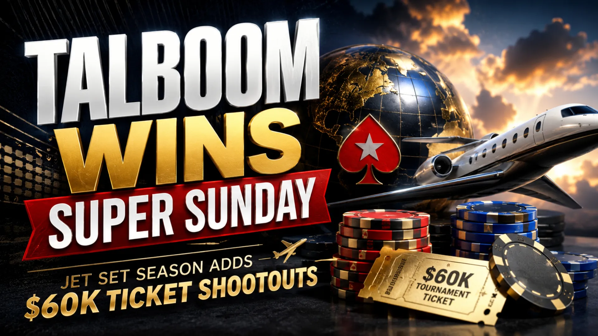 PokerStars Jet Set Season cover image featuring Talboom Super Sunday win, $60K ticket Shootout, poker chips, jet, globe, and tournament ticket