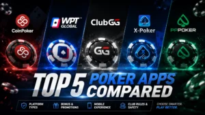 Top 5 poker apps comparison cover featuring CoinPoker, WPT Global, ClubGG, X-Poker and PPPoker logos with mobile poker app comparison highlights.