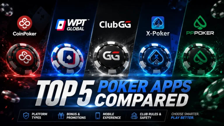 Top 5 poker apps comparison cover featuring CoinPoker, WPT Global, ClubGG, X-Poker and PPPoker logos with mobile poker app comparison highlights.