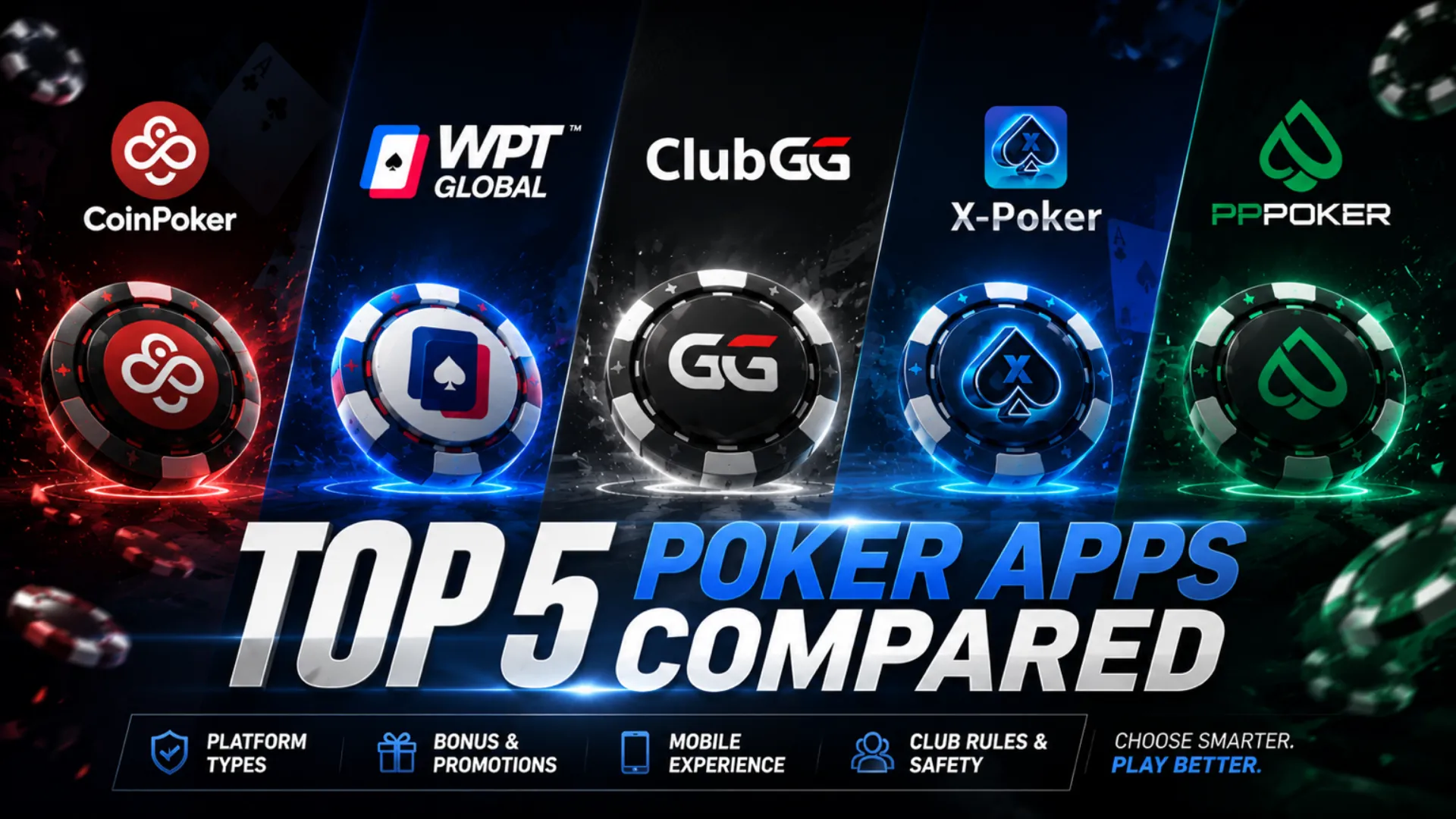 Top 5 poker apps comparison cover featuring CoinPoker, WPT Global, ClubGG, X-Poker and PPPoker logos with mobile poker app comparison highlights.