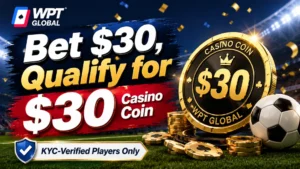 WPT Global Hot Blooded Football Month cover with a gold Casino Coin, soccer ball, stadium lights, and $30 sportsbook promotion text