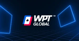 WPT Global logo on a blue digital poker background for an online poker review covering bonus offers, app, games and payments