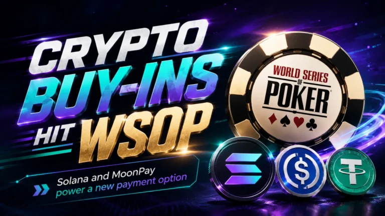 WSOP Solana crypto buy-ins cover image showing poker chips, USDC, USDT and Solana tokens for MoonPay-powered tournament payments