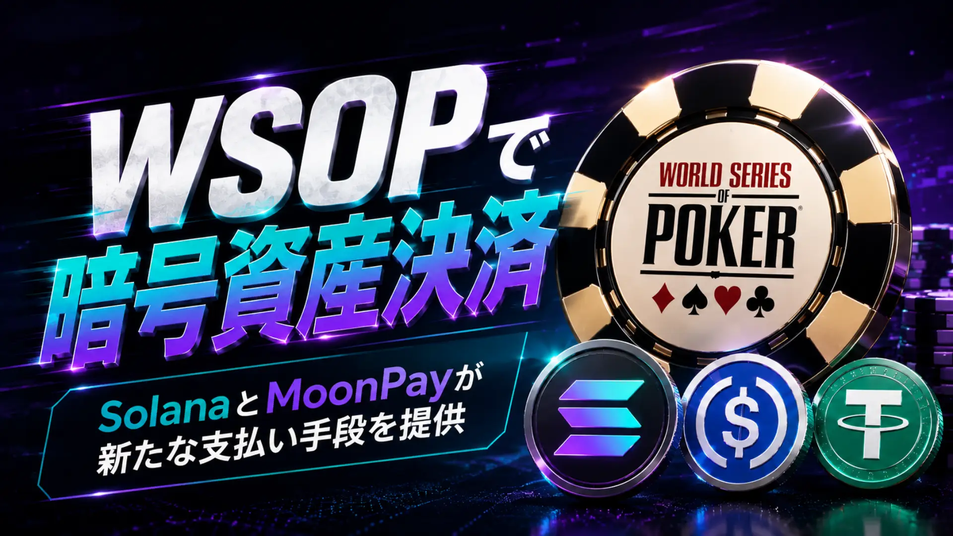 WSOP Solana暗号資産バイインのカバー画像。ポーカーチップ、USDC、USDT、SolanaトークンとMoonPay決済を表現