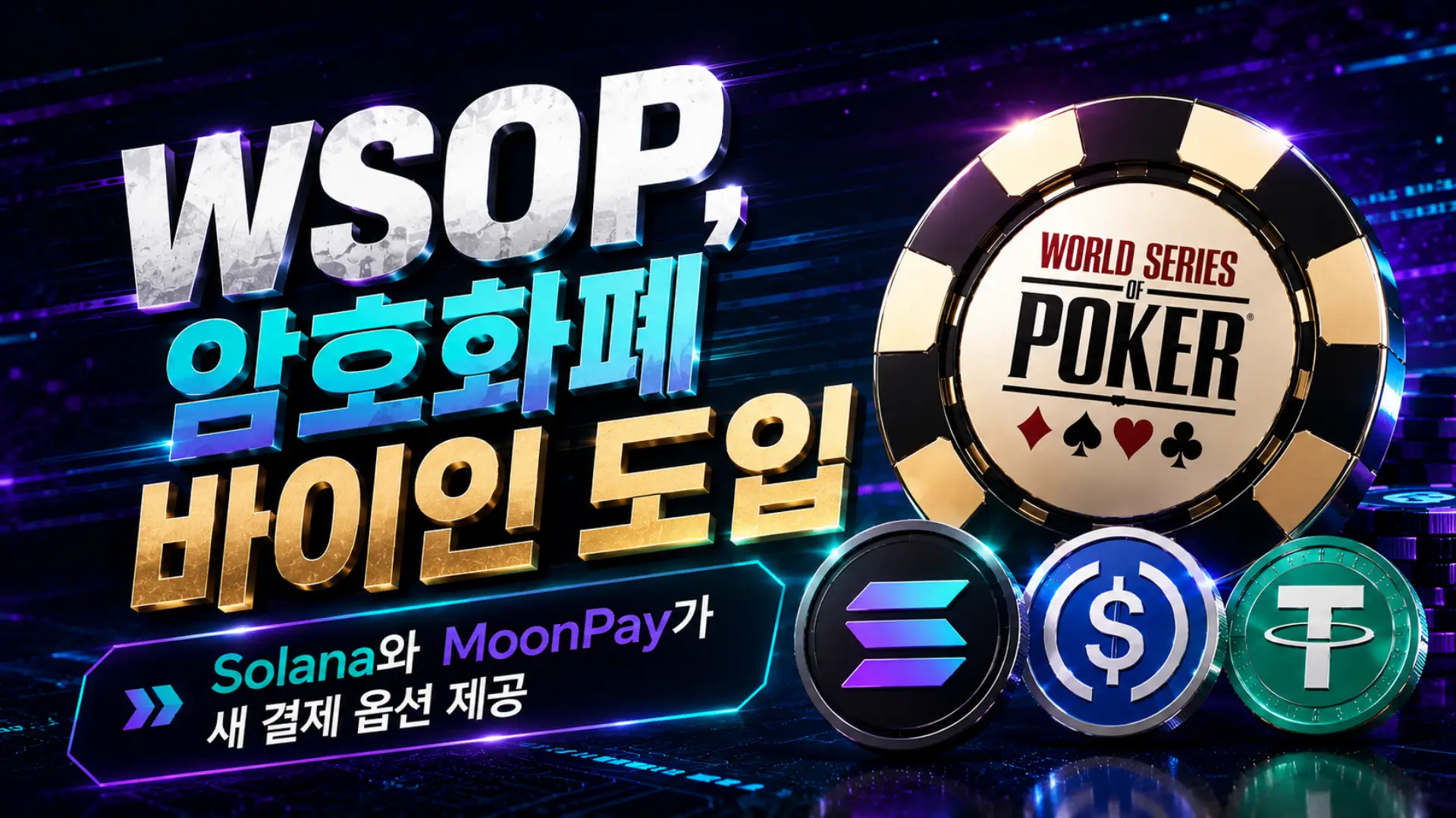 WSOP Solana 암호화폐 바이인 커버 이미지로 포커 칩, USDC, USDT, Solana 토큰과 MoonPay 결제를 보여주는 그래픽