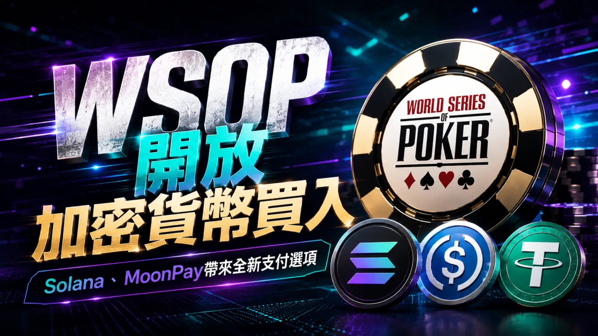 WSOP Solana加密貨幣買入封面圖，呈現撲克籌碼、USDC、USDT與Solana代幣，主題為MoonPay支援的賽事支付選項