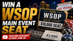 WSOP YouTube giveaway cover image featuring a $10,000 2026 Main Event seat, Las Vegas backdrop, poker chips, and Caesars gift cards