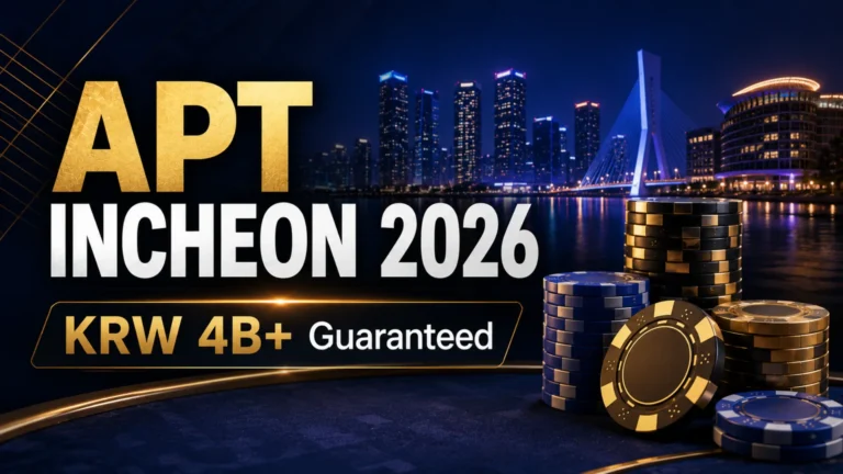 Dark blue and gold poker cover image showing APT Incheon 2026 with city skyline, poker chips, and KRW 4B+ guaranteed prize pool text