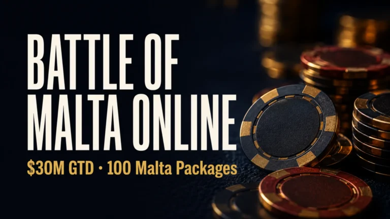 CoinPoker Battle of Malta Online Series cover with poker chips, $30M guaranteed prize pools and 100 Malta packages