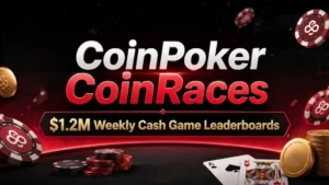 CoinPoker CoinRaces cover image promoting $1M weekly cash game leaderboards for NLH and PLO players