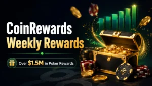 Dark poker rewards cover image showing CoinRewards with gold coins, poker chips, a reward chest, and over $1.5M in Poker Rewards