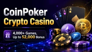 Dark crypto casino cover image showing CoinPoker Crypto Casino text, casino chips, playing cards, crypto coins, and a bonus headline for 4,000+ games and up to $2,000 Bonus