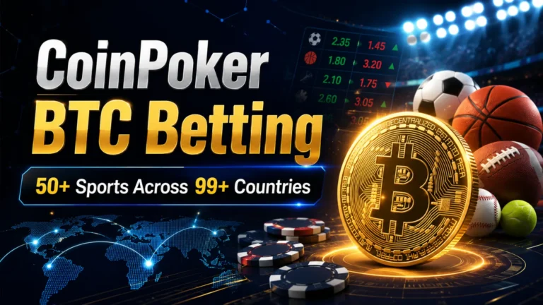 Dark crypto sports betting cover image showing a Bitcoin coin, sports balls, poker chips, and the headline CoinPoker BTC Betting with 50+ sports across 99+ countries.