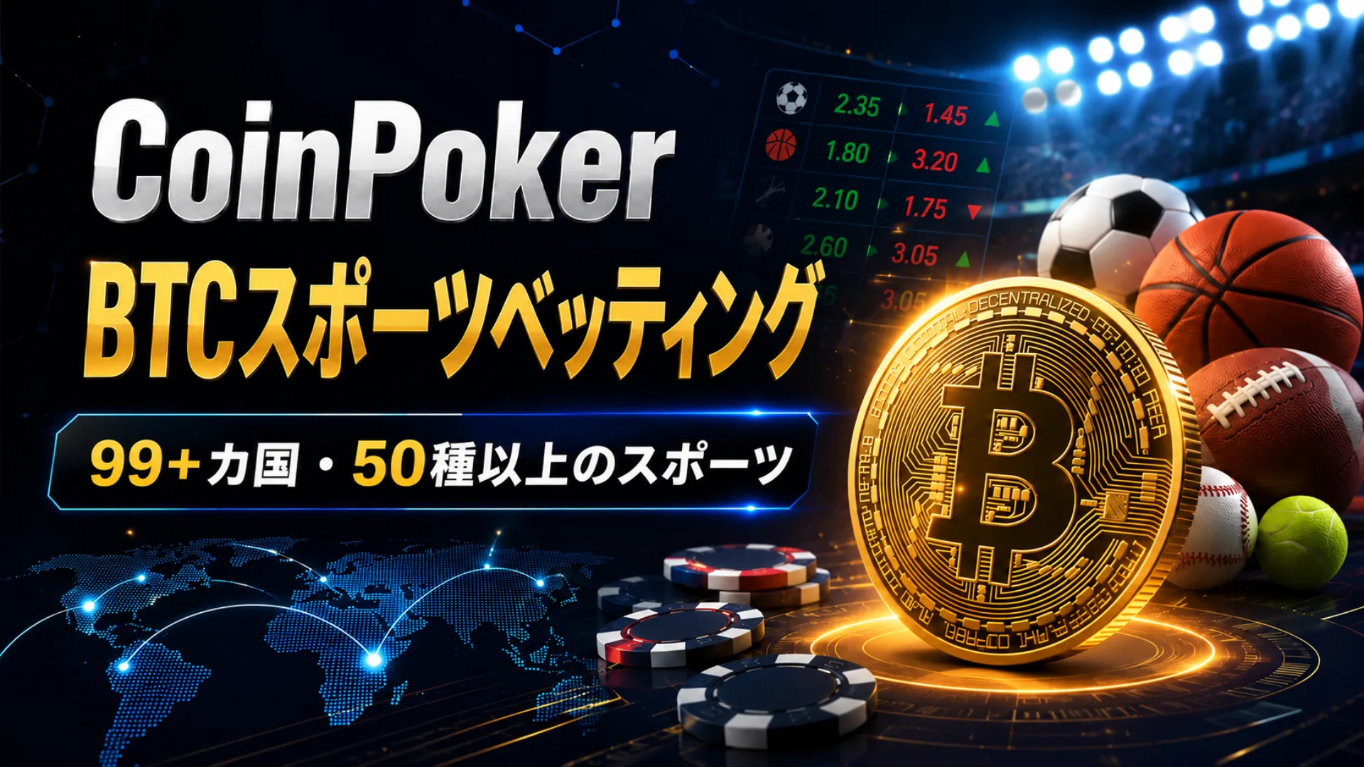CoinPoker BTCスポーツベッティングを伝える暗色系カバー画像、Bitcoinコイン、スポーツボール、ポーカーチップ、99+カ国・50種以上のスポーツを表示。