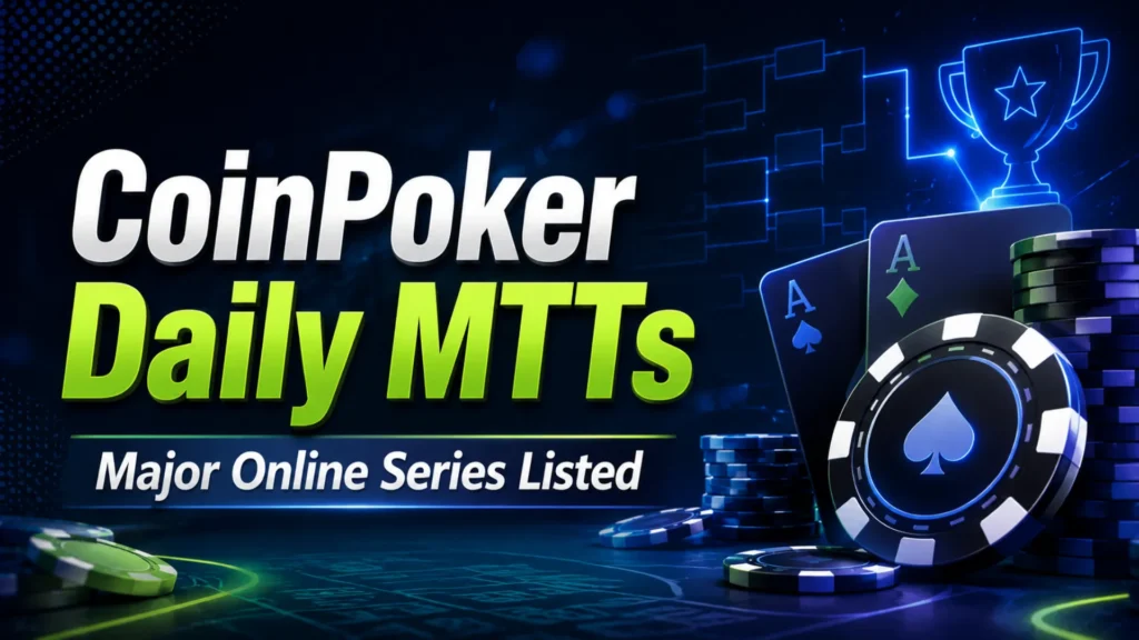 Dark neon poker cover image showing CoinPoker Daily MTT with poker chips, cards, and a Korean subtitle about major online series.