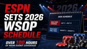 Dark poker news cover showing the 2026 WSOP schedule, ESPN coverage headline, calendar dates, poker chips and Main Event coverage over 100 hours.