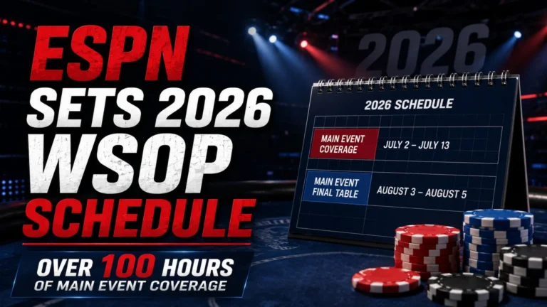 Dark poker news cover showing the 2026 WSOP schedule, ESPN coverage headline, calendar dates, poker chips and Main Event coverage over 100 hours.
