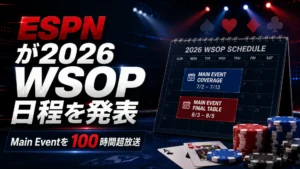 2026 WSOP日程を伝えるダークなポーカーニュースカバー画像、カレンダー日付、チップ、ESPN coverage見出し、Main Eventの100時間超放送を表示。