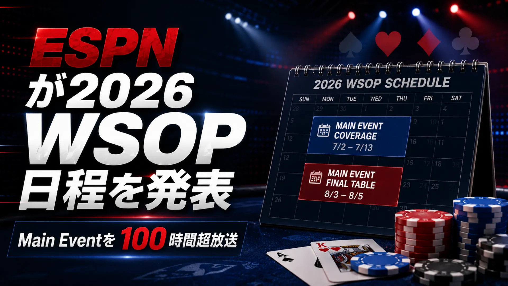 2026 WSOP日程を伝えるダークなポーカーニュースカバー画像、カレンダー日付、チップ、ESPN coverage見出し、Main Eventの100時間超放送を表示。