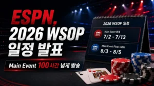 2026 WSOP 일정을 알리는 어두운 포커 뉴스 커버 이미지, 캘린더 날짜와 칩, ESPN coverage 제목, Main Event 100시간 넘는 방송 정보 포함.