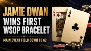 Poker news cover for Jamie Dwan WSOP High Roller win, showing Jack of Diamonds, Ace of Clubs, poker chips, and Main Event 62-player headline.