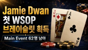 Jamie Dwan WSOP High Roller 우승 소식을 알리는 포커 뉴스 커버 이미지, 다이아몬드 J와 클럽 A 카드, 칩, Main Event 62명 문구 포함.