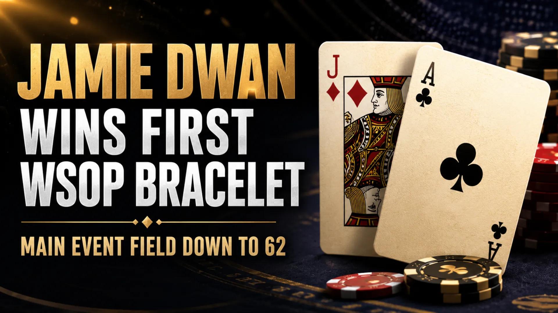 Poker news cover for Jamie Dwan WSOP High Roller win, showing Jack of Diamonds, Ace of Clubs, poker chips, and Main Event 62-player headline.