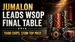 Dark poker cover image showing Lucas Jumalon leading the WSOP Main Event final table with large chip stacks and $10M top prize text