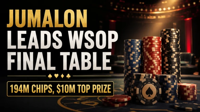Dark poker cover image showing Lucas Jumalon leading the WSOP Main Event final table with large chip stacks and $10M top prize text