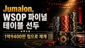 Lucas Jumalon의 WSOP Main Event 파이널 테이블 선두를 알리는 어두운 포커 커버 이미지, 칩 스택과 우승 상금 정보 포함