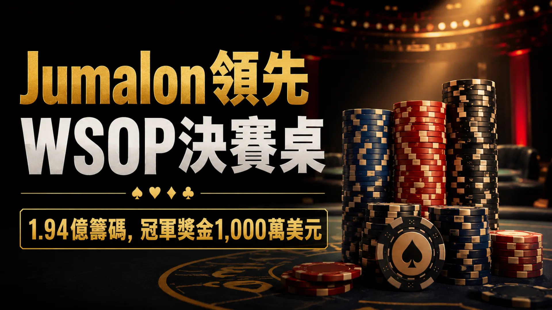 Lucas Jumalon領先WSOP Main Event決賽桌封面圖，以深色撲克桌、籌碼堆與冠軍獎金資訊呈現主題
