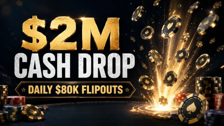 Gold-and-black poker cover image showing $2M Cash Drop with flying chips and Korean text for 하루 $80K Flipout
