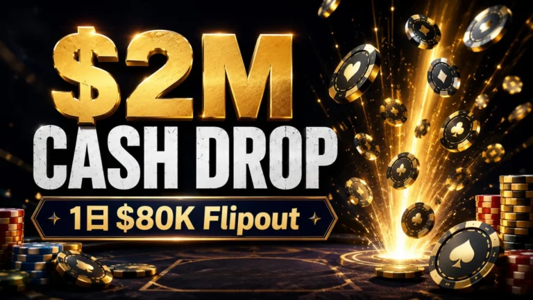 $2M Cash Dropを伝える黒とゴールド基調のカバー画像、飛び交うポーカーチップと韓国語の「하루 $80K Flipout」を表示