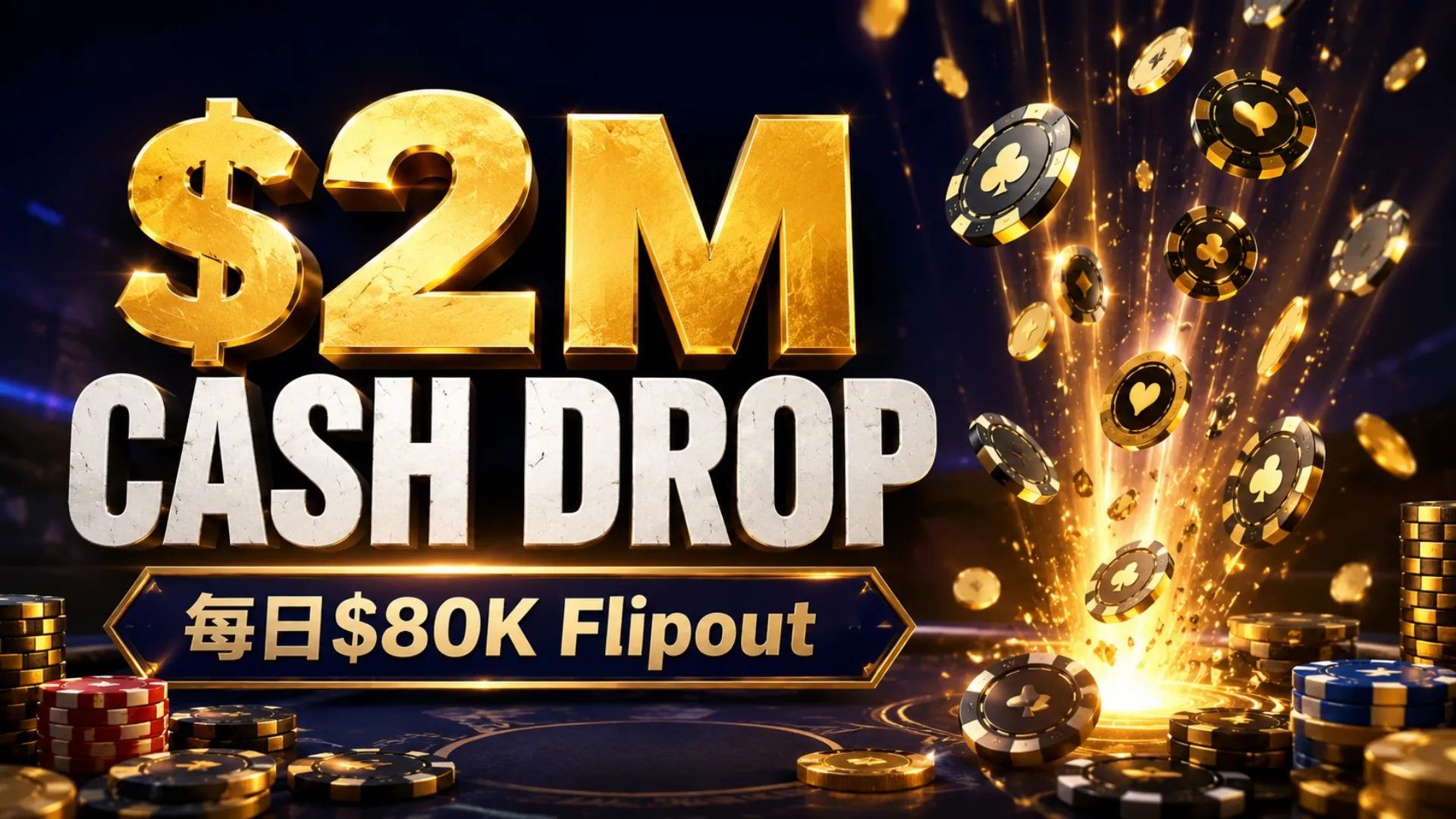 $2M Cash Drop封面圖，以黑金色撲克籌碼、金色光束與韓文「하루 $80K Flipout」呈現活動主題