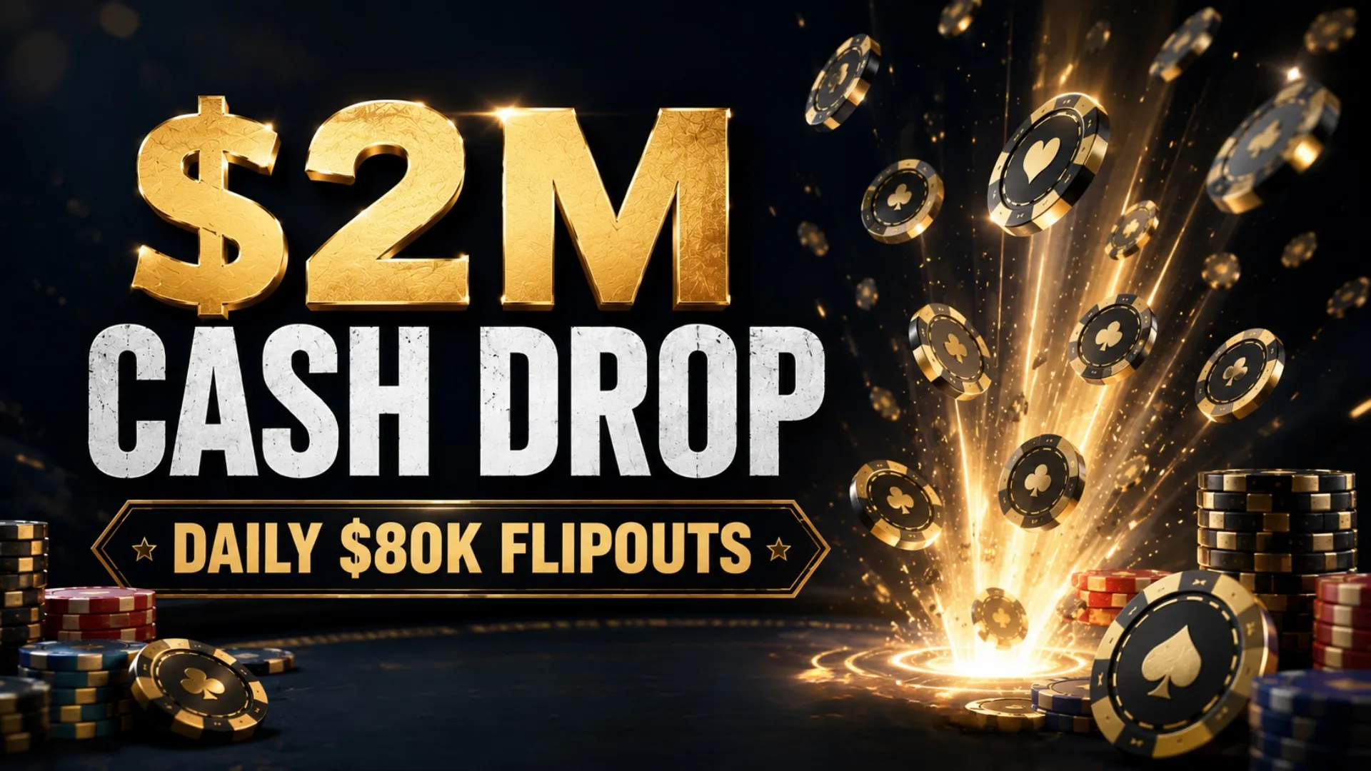 Gold-and-black poker cover image showing $2M Cash Drop with flying chips and Korean text for 하루 $80K Flipout