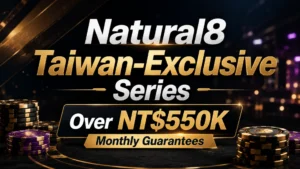 Dark gold poker cover image showing Natural8 Taiwan-Exclusive Series with over NT$550,000 in monthly guarantees