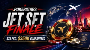 Cinematic poker travel cover image showing PokerStars Jet Set Finale with $75 PKO and $350K guaranteed text, poker chips, flight paths, and global skyline elements.