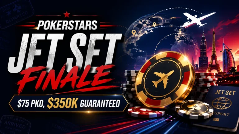Cinematic poker travel cover image showing PokerStars Jet Set Finale with $75 PKO and $350K guaranteed text, poker chips, flight paths, and global skyline elements.