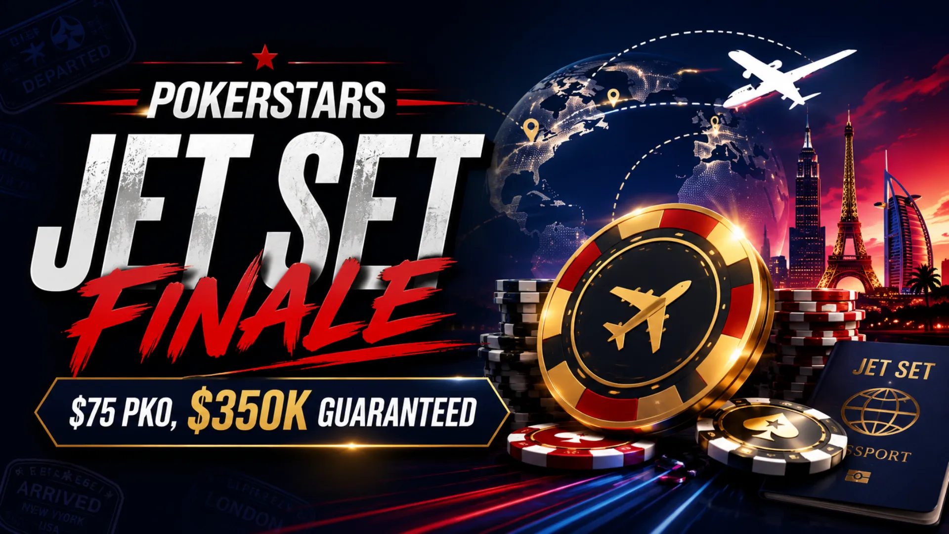 Cinematic poker travel cover image showing PokerStars Jet Set Finale with $75 PKO and $350K guaranteed text, poker chips, flight paths, and global skyline elements.