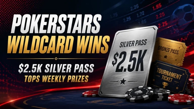 Dark poker cover image for PokerStars Wildcard Wins showing a silver pass card, poker chips, betting odds graphics, and weekly $2.5K Silver Pass prize text.