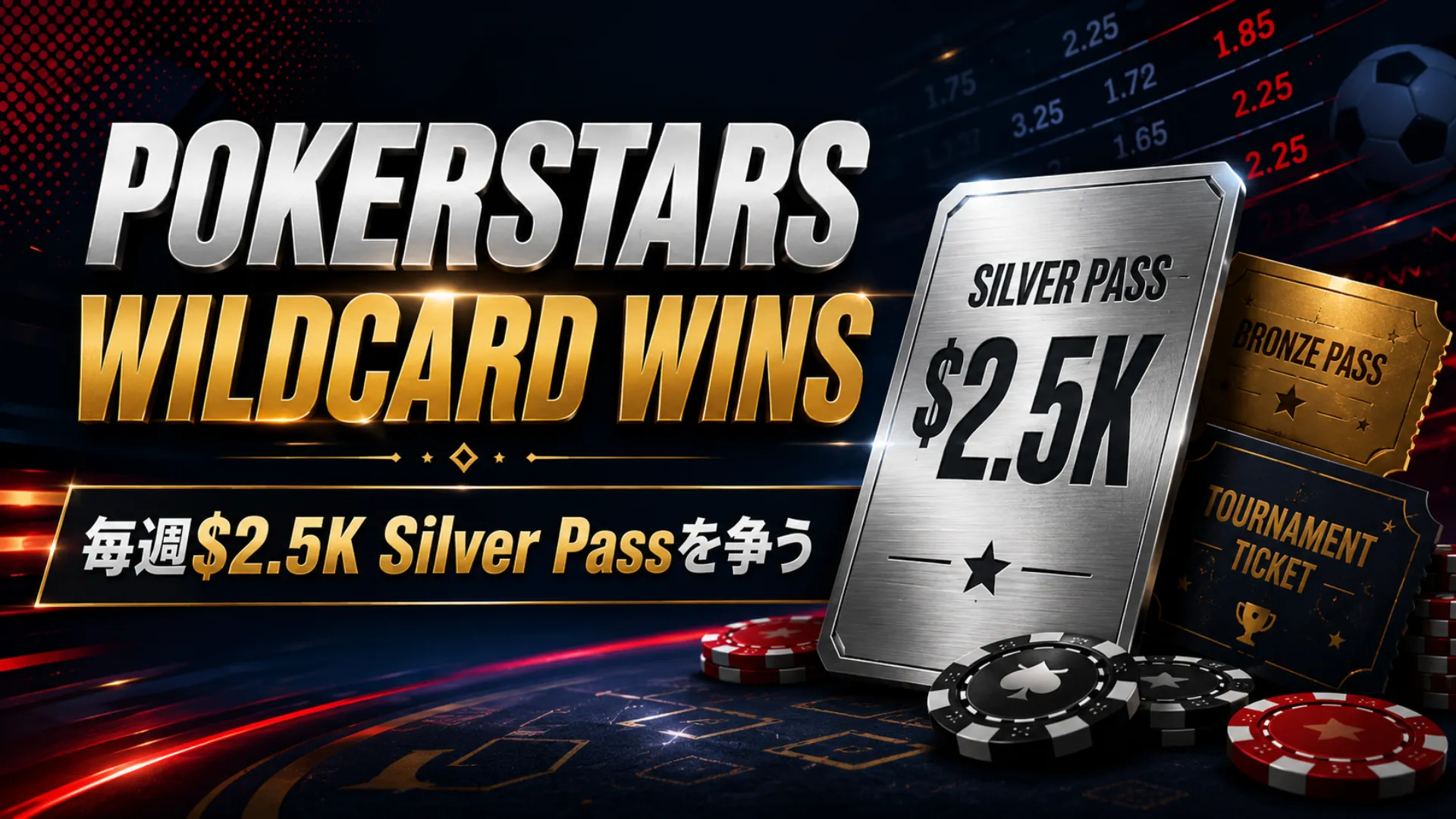 PokerStars Wildcard Winsを伝えるダーク調のポーカーカバー画像、Silver Passカード、チップ、オッズ風グラフィック、週間$2.5K Silver Pass情報を表示。